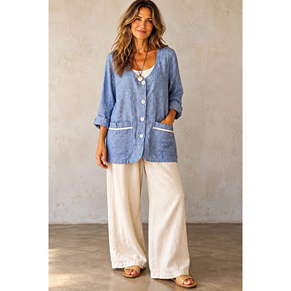 FLAX Blue 100% Linen Button Front Tunic Pockets 3/4 Sleeve Relaxed Fit Size S